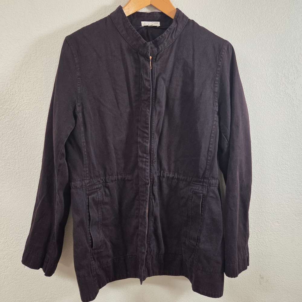 Eileen Fisher Black Cotton Zip Up Utility Field Jacket Mock Neck Small Portugal